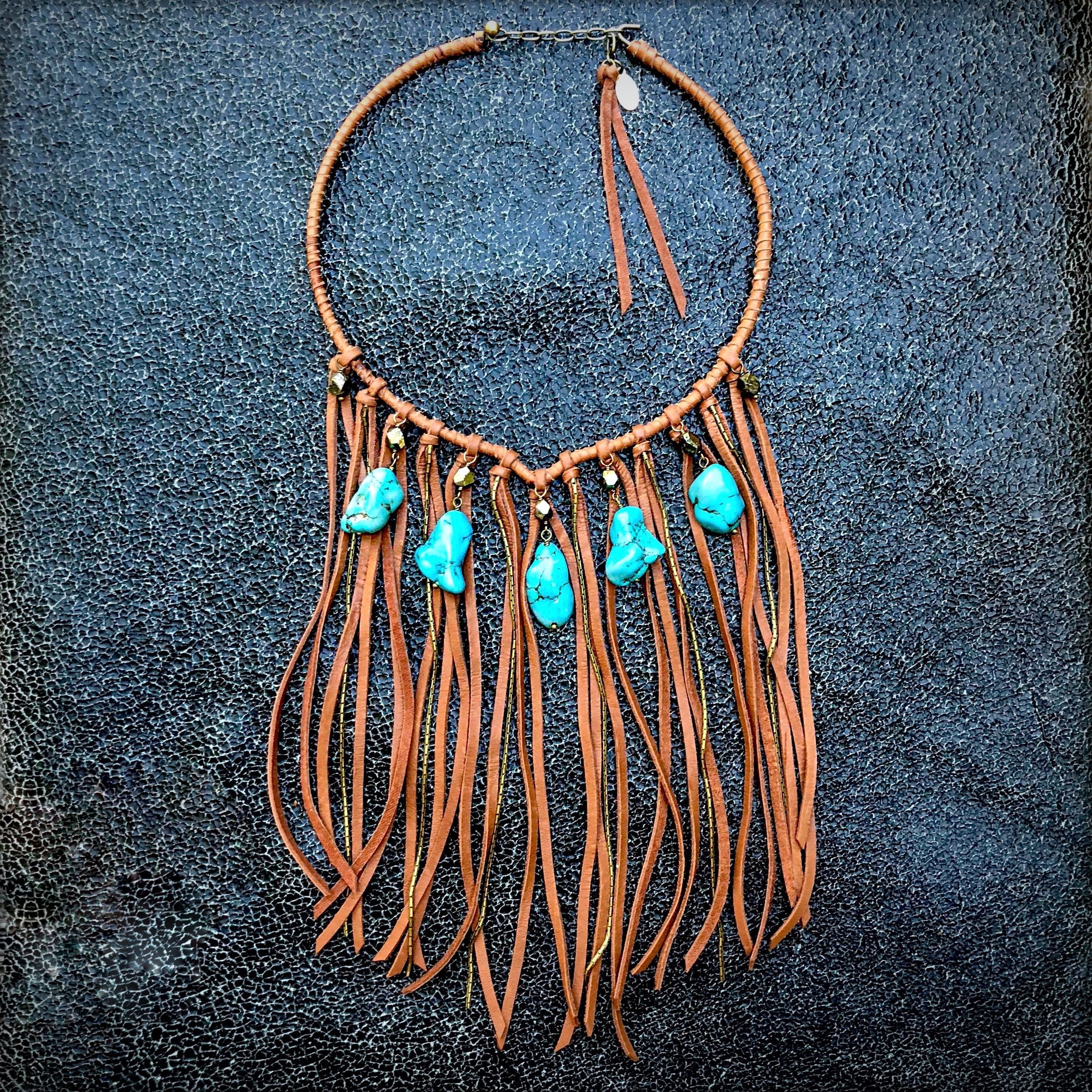 Collar Necklace with Rust Deerskin Fringe & Turquoise Stones - SALE!