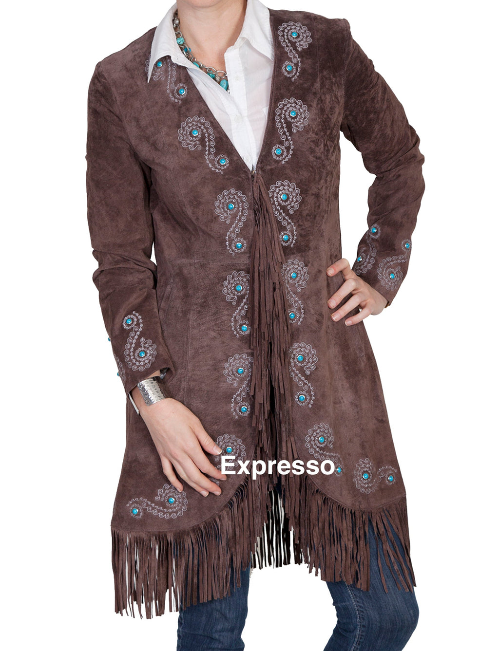 Long Embroidered Suede Leather Jacket with Fringe & Studs