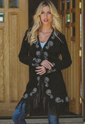 Long Embroidered Suede Leather Jacket with Fringe & Studs