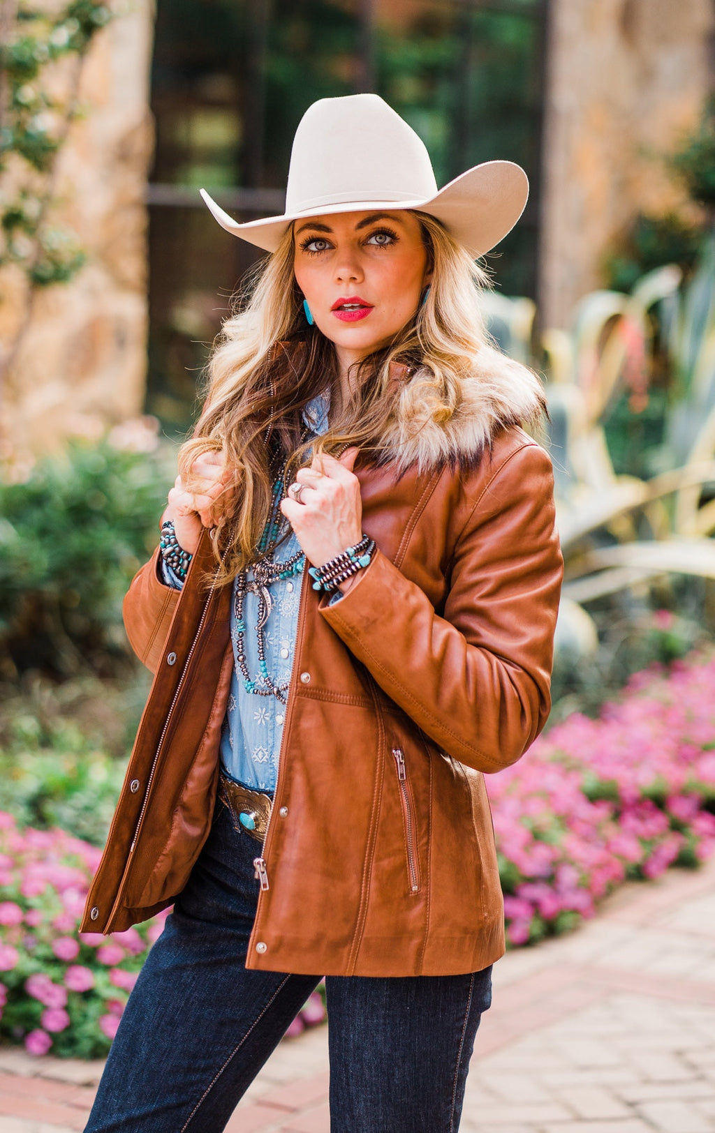 Brown Leather Jacket with Faux Fur Trim