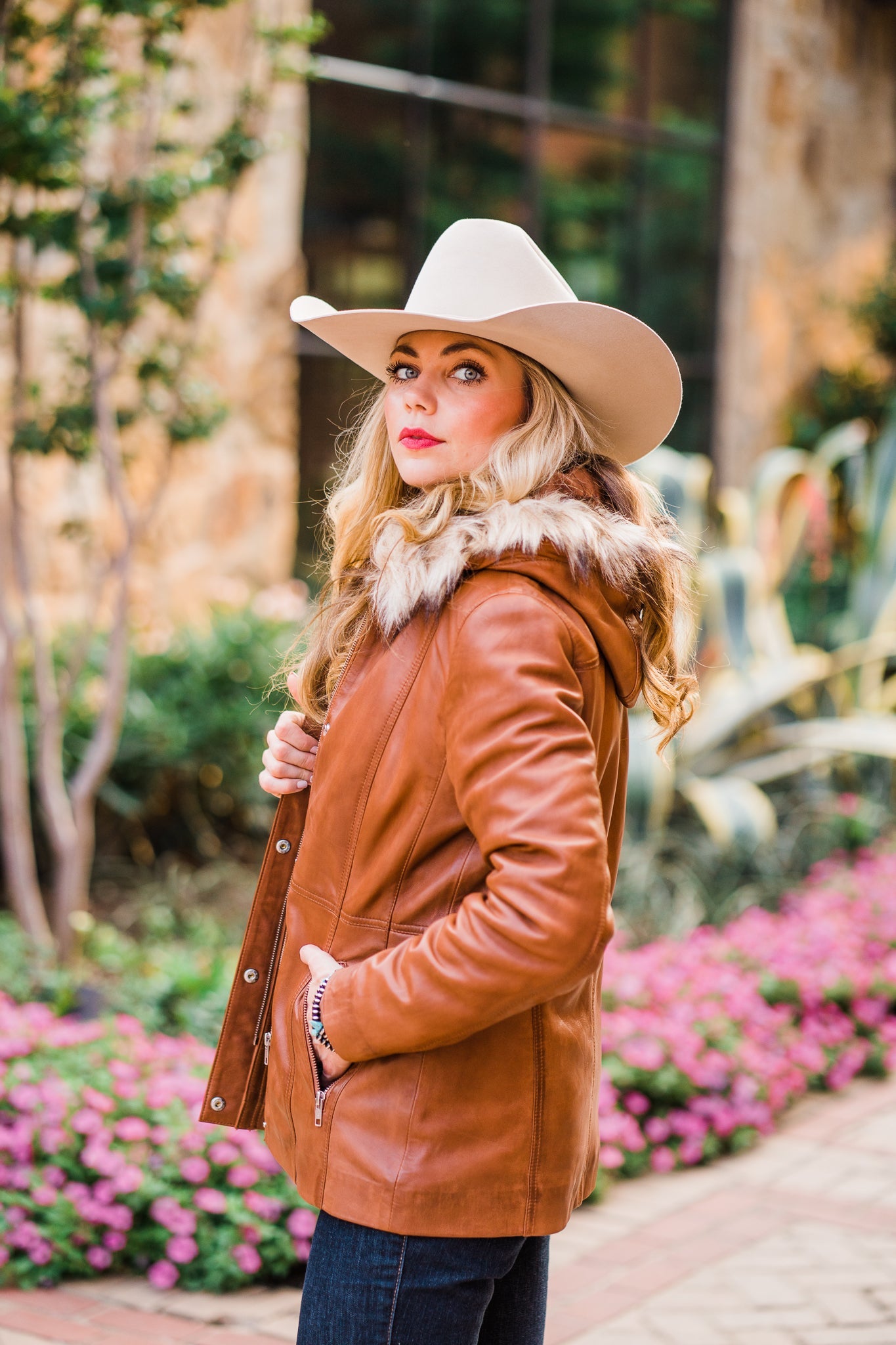 Brown Leather Jacket with Faux Fur Trim