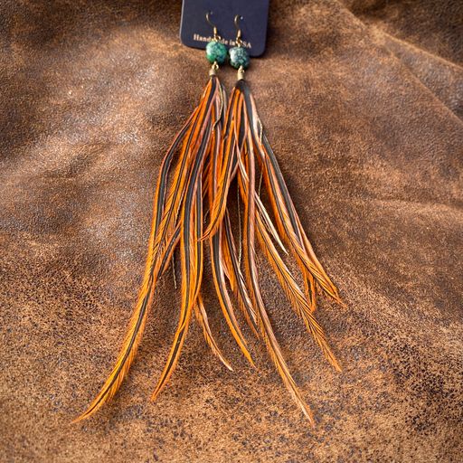 Long Feather Earrings with Turquoise Stones & Hooks – SALE!