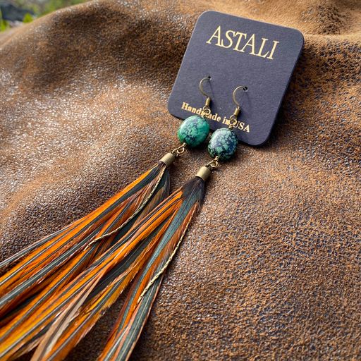 Long Feather Earrings with Turquoise Stones & Hooks – SALE!