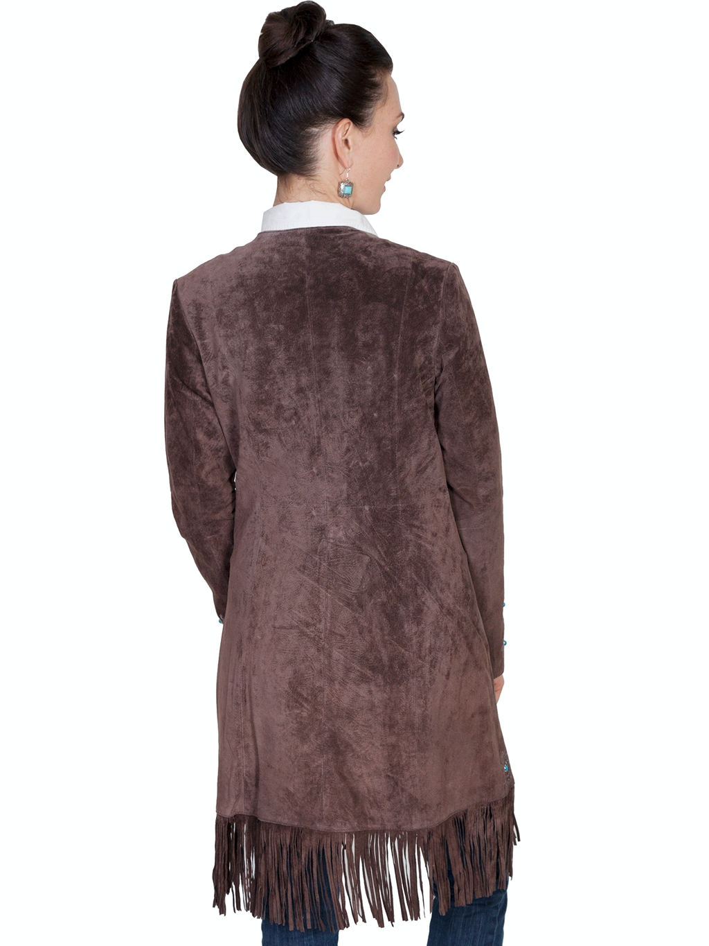 Long Embroidered Suede Leather Jacket with Fringe & Studs