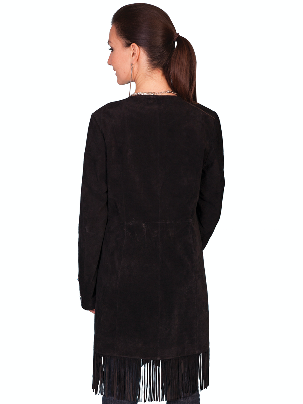 Long Embroidered Suede Leather Jacket with Fringe & Studs